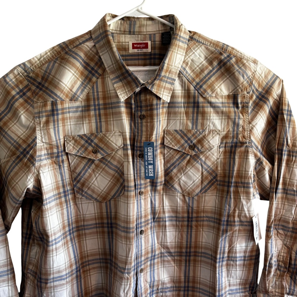 Wrangler Cowboy Wash Mens 3XL Plaid Western Shirt Button Tan Brown Blue Workwear